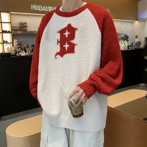 撞色秋冬毛衣男设计宽松慵懒风休闲套头针织衫线衣潮MY05637-P63图片