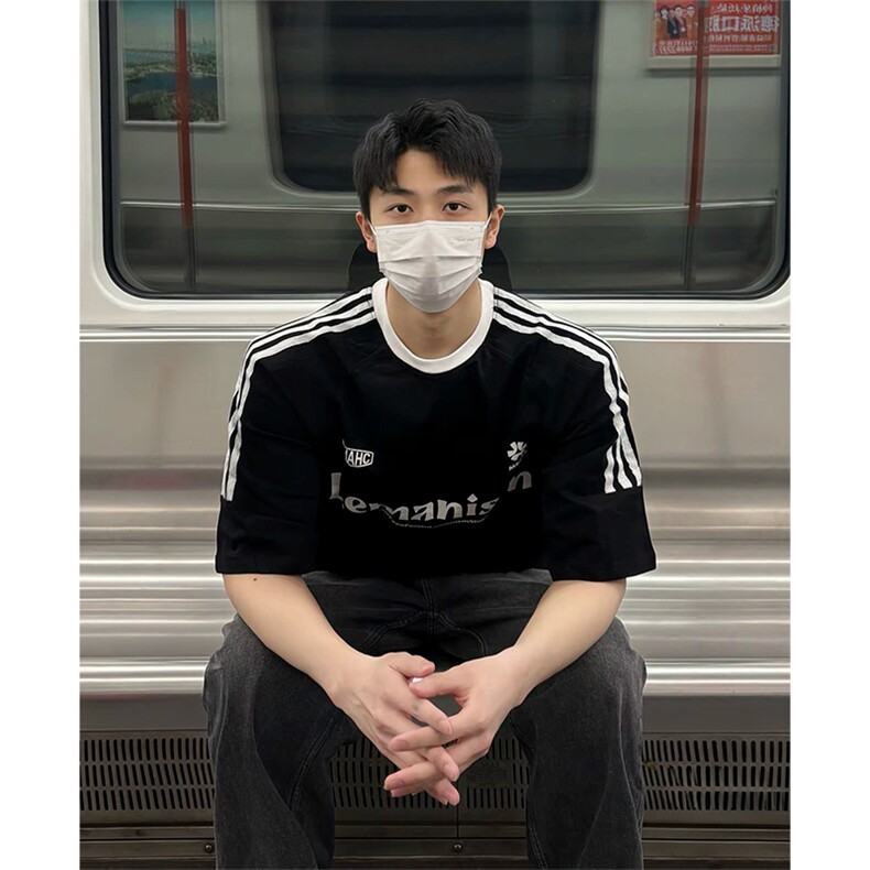 抖音得物供货240克宽松纯棉美式潮牌印花三杠半织带短袖T恤AT1601,男装T恤,电商A443