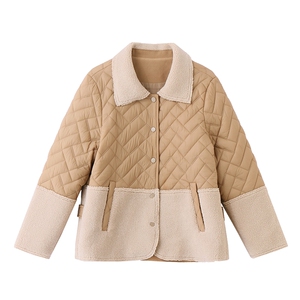 羊羔毛拼接轻薄羽绒棉服女2024冬新款时尚菱格夹棉保暖棉服小棉袄图片