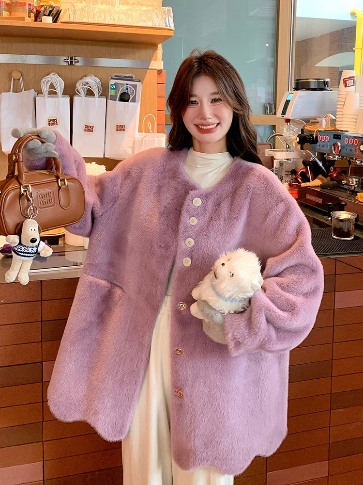 粉色仿貂绒皮毛一体外套女秋冬超火好看加绒加厚中长款羊羔毛大衣，女装皮草，浙宝276（原081）