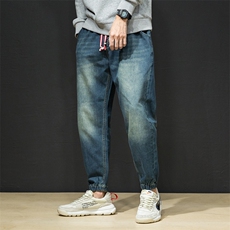 秋冬新款日系宽松哈伦裤松紧腰束脚S-5XL大码5063-5090，男装牛仔裤，星座304A-1