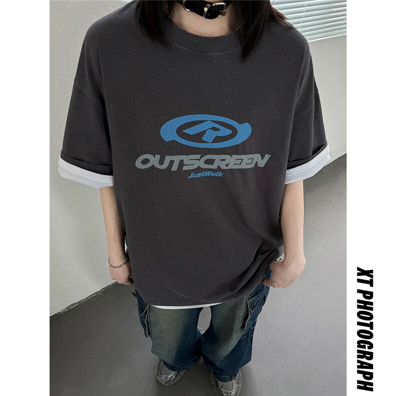 夏季260克美式复古做旧情侣印花短袖T恤中性上衣男女潮D346P38,男装T恤,电商A335-1（原A458）