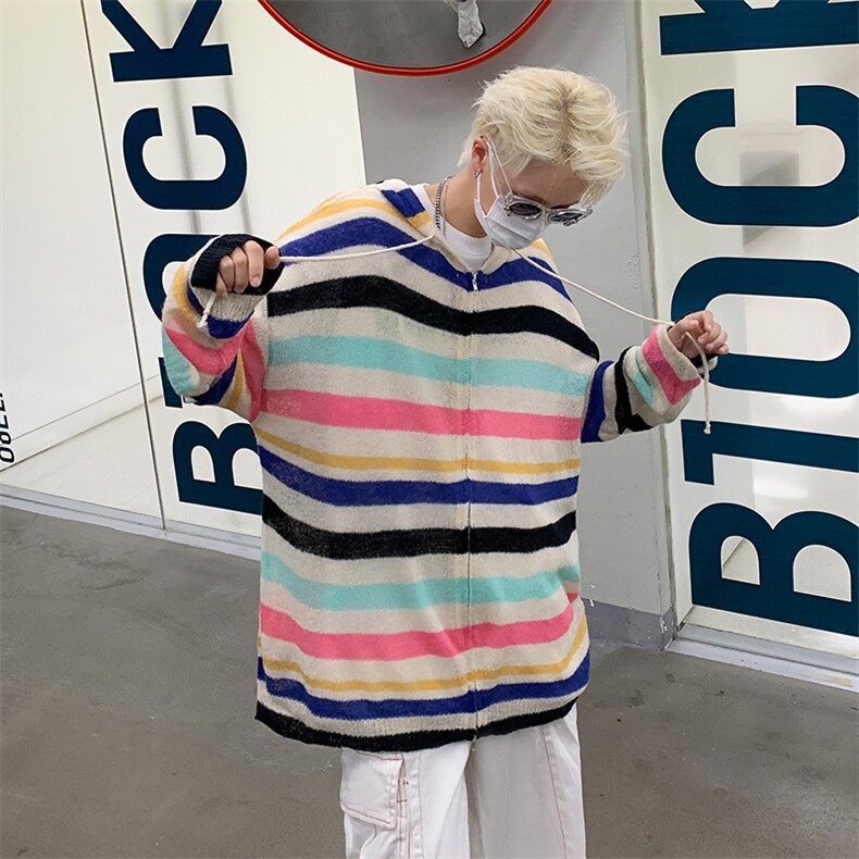 多巴胺开衫毛衣男女条纹连帽韩版2023秋冬新款ins针织衫MZ015-P50,男装针织衫/毛衣,星座412-3