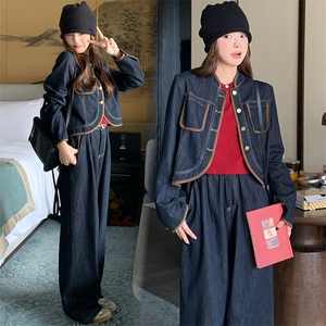 港风休闲牛仔套装女小个子休闲百搭外套2025春季新款阔腿裤两件套,女装套装/套裙,纯色衣恋
