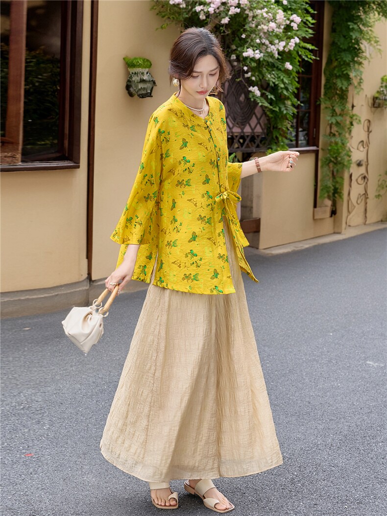 新中式印花宽松喇叭袖小衫配裙裤时尚气质两件套女,女装套装/套裙,水衣源