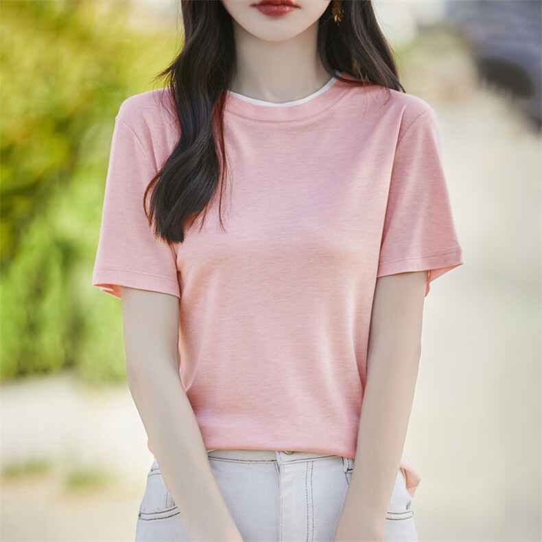 2025新款桑蚕丝天丝短袖透气舒适上衣圆领T恤女款夏装t恤,女装T恤,臻维羊绒