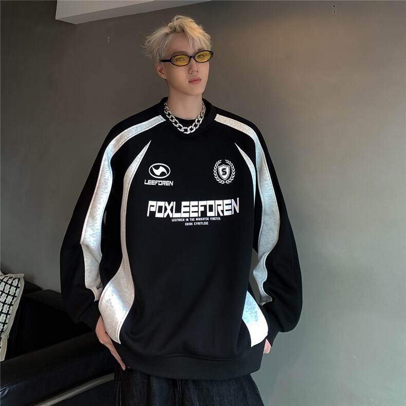 拼接撞色卫衣男春秋冬季美式复古机车服字母印花潮牌宽松圆领外套,男装卫衣,电商C307A