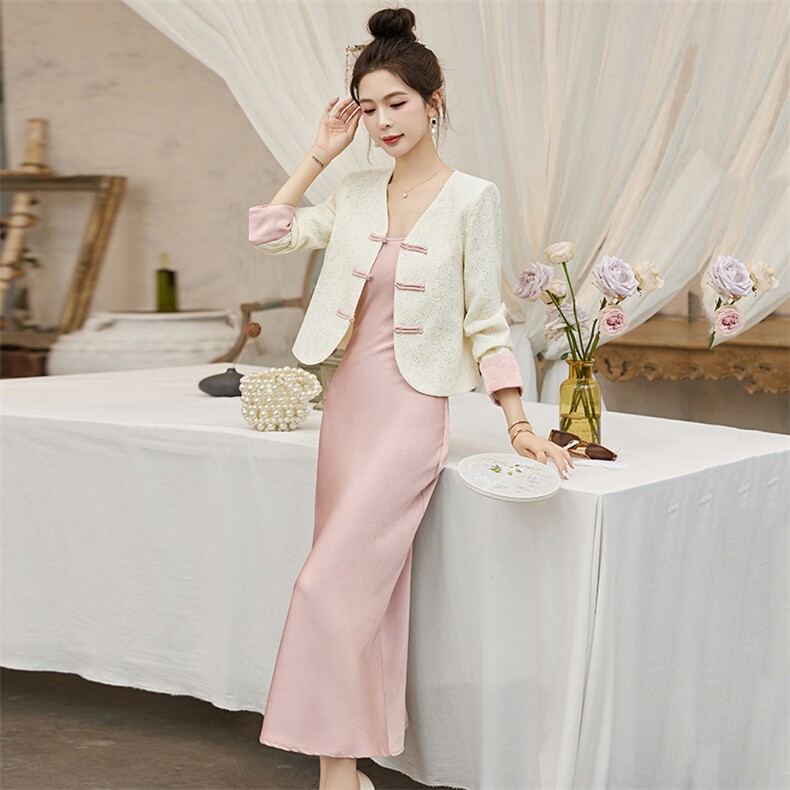 新中式套装连衣裙女2024春新款盘扣蕾丝外套名媛气质吊带裙两件套，女装套装/套裙，涵墨