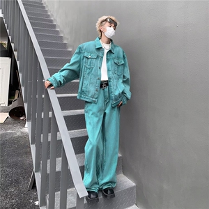 牛仔套装男日系复古水洗高街潮牌痞帅嘻哈hiphop牛仔衣夹克两件套图片