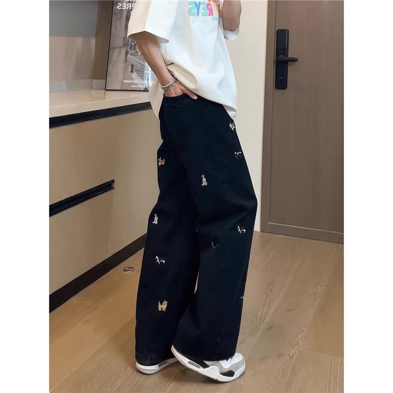 小狗刺绣阔腿牛仔裤男女同款新款宽松显瘦直筒拖地裤NZG630,男装牛仔裤,星座516A