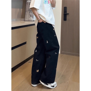 小狗刺绣阔腿牛仔裤男女同款新款宽松显瘦直筒拖地裤NZG630图片
