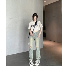 B221美式ins高街暗黑小众拉链破洞牛仔裤LK23076-P65控88，男装牛仔裤，电商B221