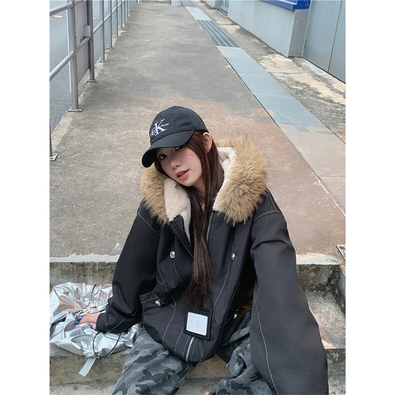 现货重磅boxy短款棉衣座山雕大毛毛领男女棉服水洗工装厚外套，男装棉衣，电商A486-1