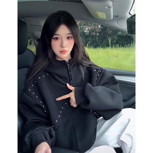 抖音得物高品质二开26春装美式高街铆钉拼接纯色开衫卫衣外套W122图片