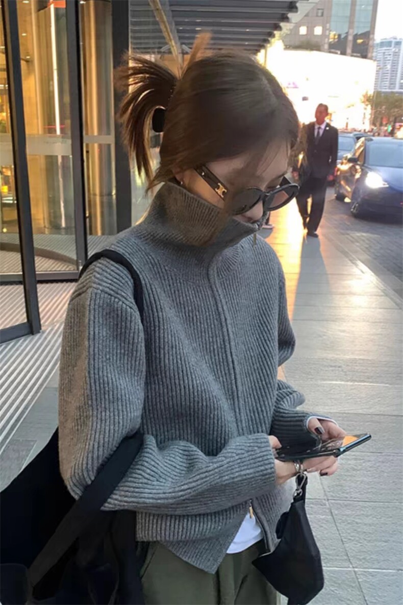 女士拉链宽高领羊毛开衫羊毛秋冬保暖,女装羊毛衫,旭驰羊绒