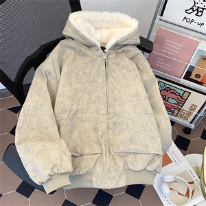 冬仿水貂毛大理石座山雕加绒加厚保暖重磅帆布水洗连帽男棉服夹克图片