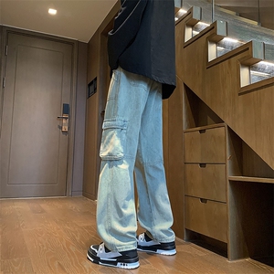 美式复古高街vibe风多口袋工装牛仔裤男潮ins直筒长裤图片