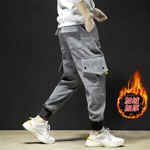 加绒秋冬日系黑墙大码工装灯芯绒加厚宽松休闲裤图片