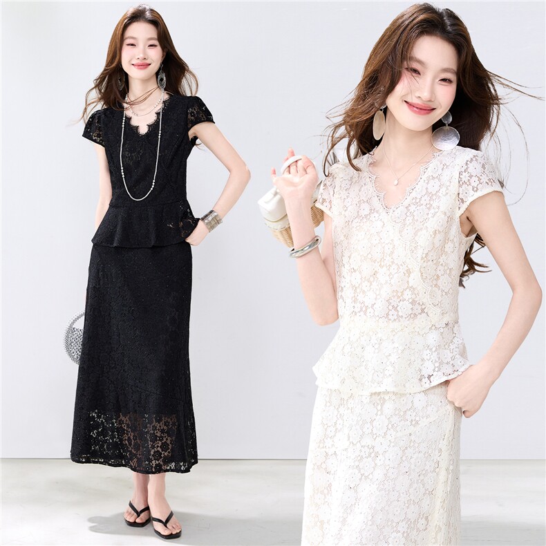夏季新款现货！2026洋气优雅淑女风v领荷叶边显瘦气质两件套裙女,女装套装/套裙,央宝儿