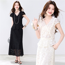 夏季新款现货！2026洋气优雅淑女风v领荷叶边显瘦气质两件套裙女，女装套装/套裙，央宝儿