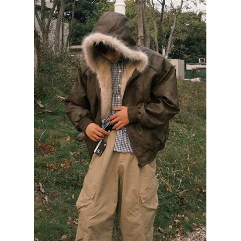 秋冬季复古做旧座山雕皮棉服男女宽松解构磨毛领外套M8313,男装棉衣,星座1116A（原606A-3）
