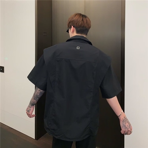 高街假两件垫肩衬衫痞帅男韩版拉链设计感短袖衬衣夏季A3374-P45图片
