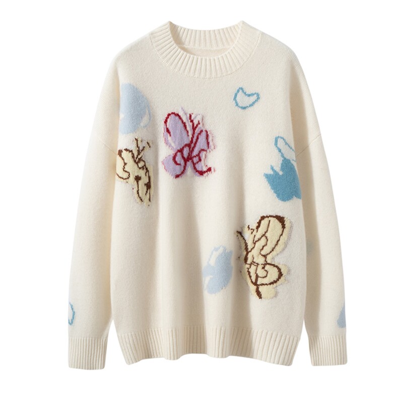 410克~蝴蝶嵌花轻奢山羊绒衫加厚女圆领宽松白毛衣2025秋冬针织衫，女装针织衫/毛衣，艾森羊绒