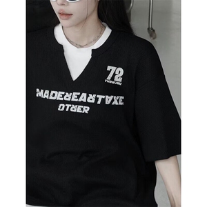 潮牌假两件撞色拼接短袖T袖女美式学院风字母印花上衣潮ST633-P35图片