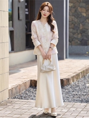 主推现货重工艺新款新中式春夏提花刺绣设计感时尚气质减龄两件套，女装套装/套裙，韩美纤衣