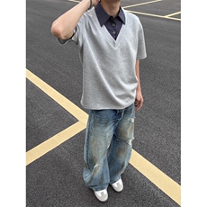 假两件拼接简约短袖男女格纹衬衫领T恤美式半袖T15-P50，男装T恤，星座208-5
