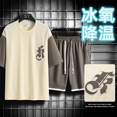 夏季运动套装网格挂拍休闲百搭时尚短套装CK2410+TC3151-P54控89，男装休闲套装，星座717