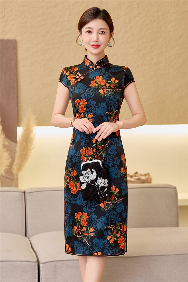 杭州品质真丝中长裙复古印花连衣裙女春夏日常修身潮流真丝旗袍,女装汉服/婚纱/旗袍/礼服,小荷流