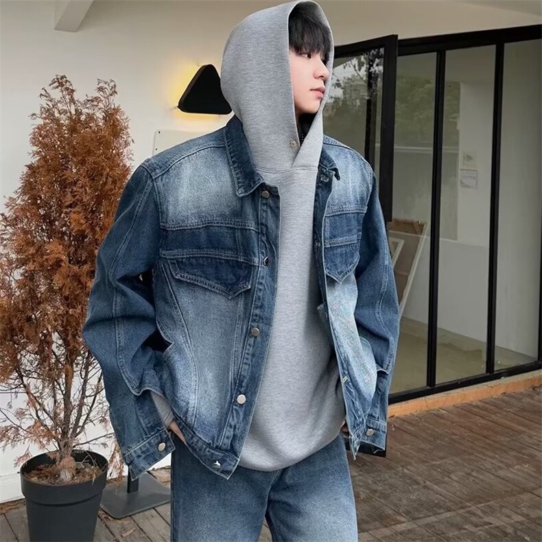 小众复古水洗牛仔夹克男春秋季美式设计感宽松做旧休闲风解构外套，男装夹克，星座813-2