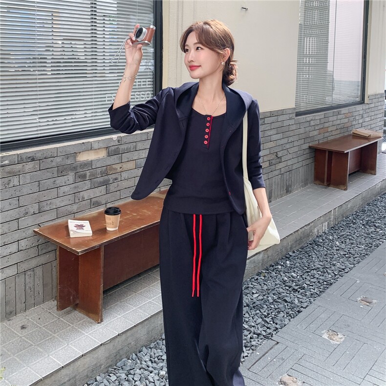 休闲运动风卫衣套装女2025秋季新款超好看阔腿裤吊带上衣三件套潮图片
