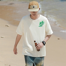 14T休闲印花重磅纯棉短袖T恤衫男女可定制学生团队服大码港风竹叶，男装T恤，星座115A-3
