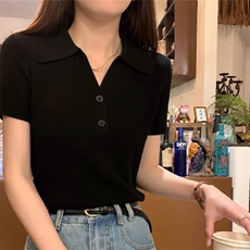 POLO领短袖套头修身型纯色气质简约针织衫，女装针织衫/毛衣，斯美雅安迪绒