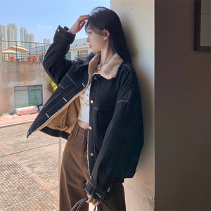 韩版牛仔外套加绒加厚宽松百搭秋冬时尚短款棉服C506-90图片