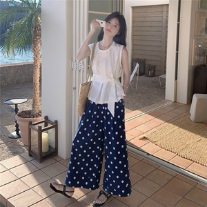 法式棉麻波点无袖套装女2025夏新款时尚显瘦气质女神范高端两件套图片