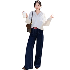 白色蕾丝拼接V领长袖衬衫套装女2025秋气质显瘦牛仔阔腿裤两件套，女装套装/套裙，2D078