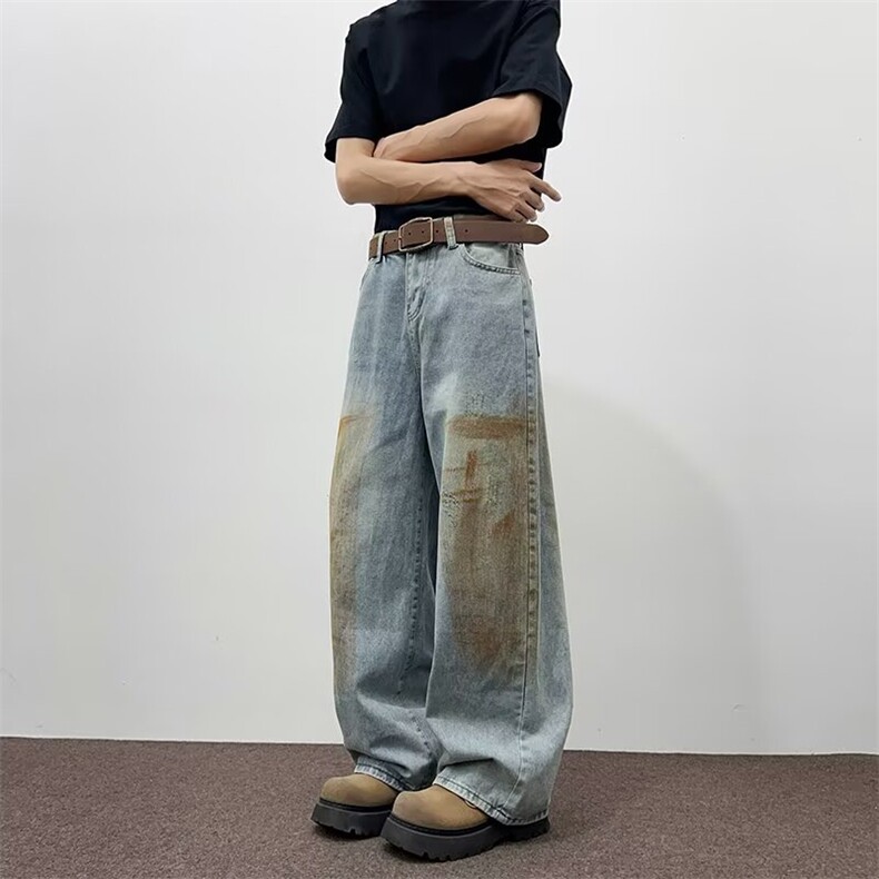 美式复古泥染做旧宽松阔腿裤2026新款牛仔裤女直筒裤RK3115-P48，男装牛仔裤，星座412-3