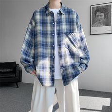 衬衫男春季新款港风宽松大码磨毛格子长袖衬衣CS2019-P35，男装衬衫，星座214-3