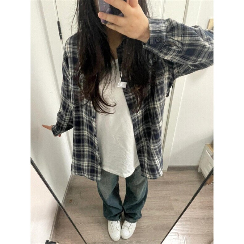 V3211HH-P38美式复古cleanfit藏青色格子衬衫男美式衬衣外套春季,男装衬衫,星座1007（原301D）