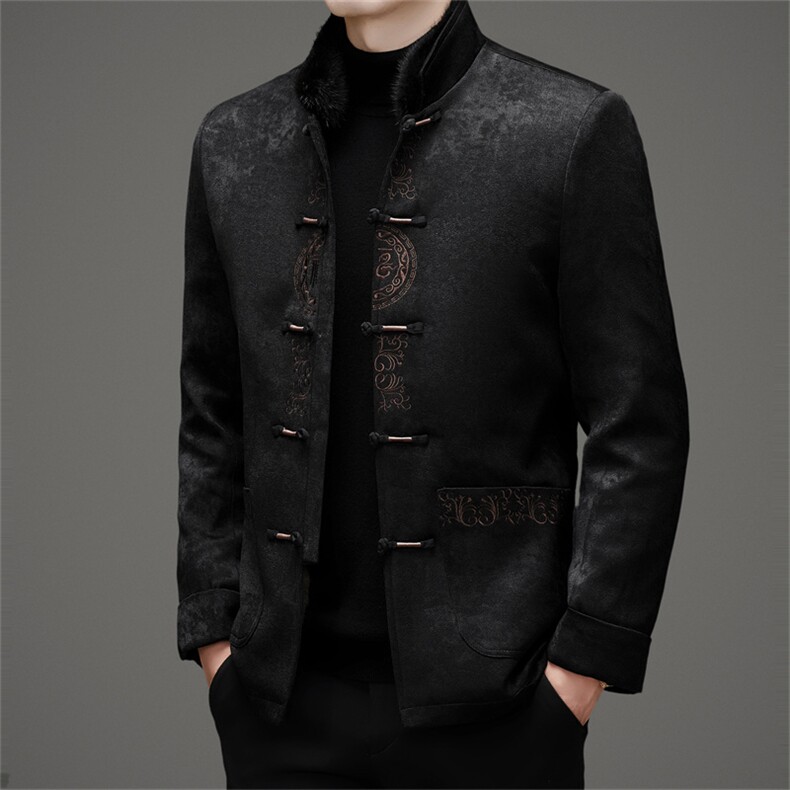 唐装羽绒服复古盘扣银狐貂内胆可脱卸中年外套爸爸装MJ595-P225,男装羽绒服,星座1105-3