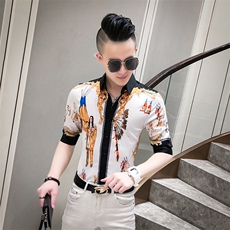 20春夏新款社会男潮流衬衫个性印花中袖夜店男衬衣A068-D590-P55，男装衬衫，星座419（原A233）