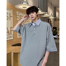 8XL-M假两件衬衫领短袖T恤大码夏季条纹拼接polo衫半袖DX1211/P45，男装Polo衫，电商B238