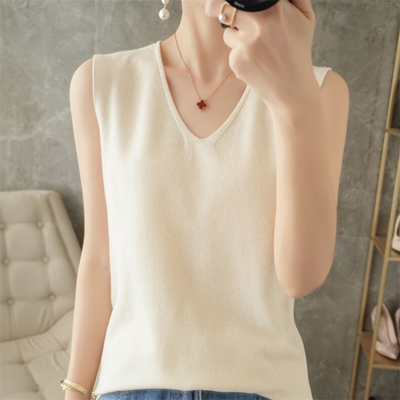 夏薄新款棉线吊带背心女V领套头内搭外穿修身打底衫针织上衣，女装背心吊带，暖姿羊绒