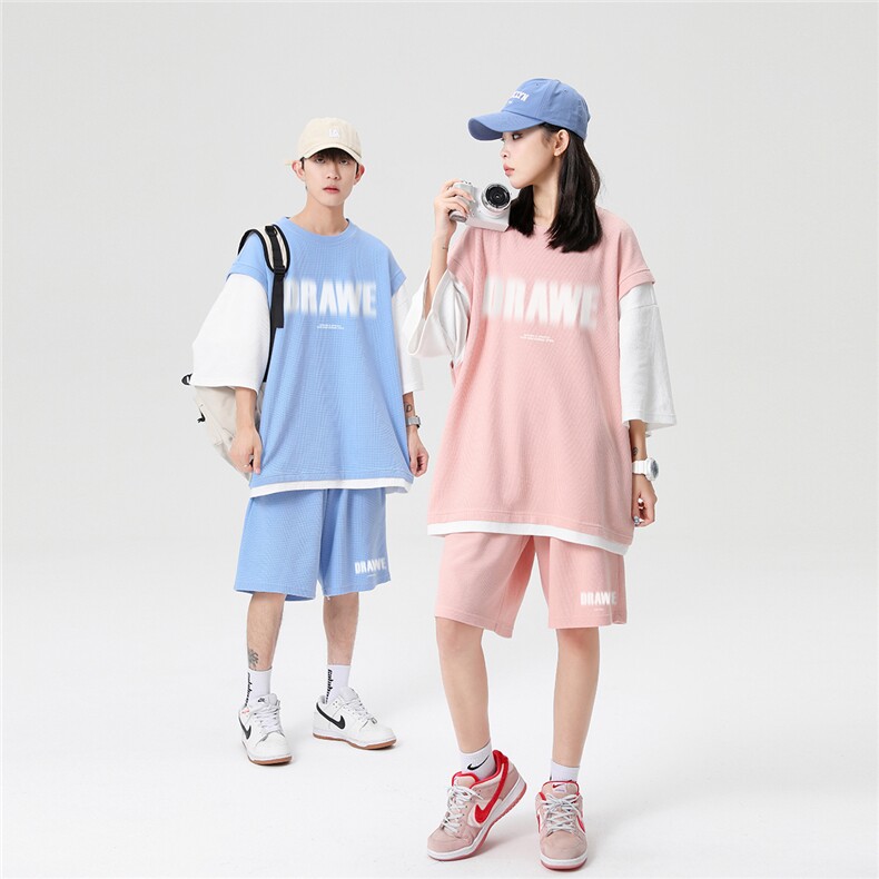 情侣23夏季ins潮时尚印花圆领ins短袖运动风T恤套装TZ602P75控98,男装T恤,A247A