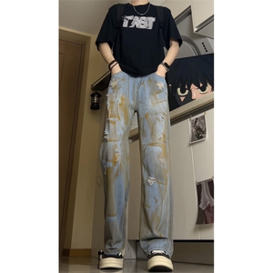泥染做旧牛仔裤男破洞水洗dirtyfit宽松阔腿裤潮牌直筒裤GJ349P55图片