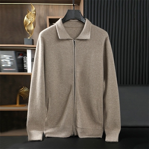 时尚男士羊毛翻领外套简约百搭长袖针织开衫舒适保暖单色毛衣,男装羊绒套衫,台绒羊绒