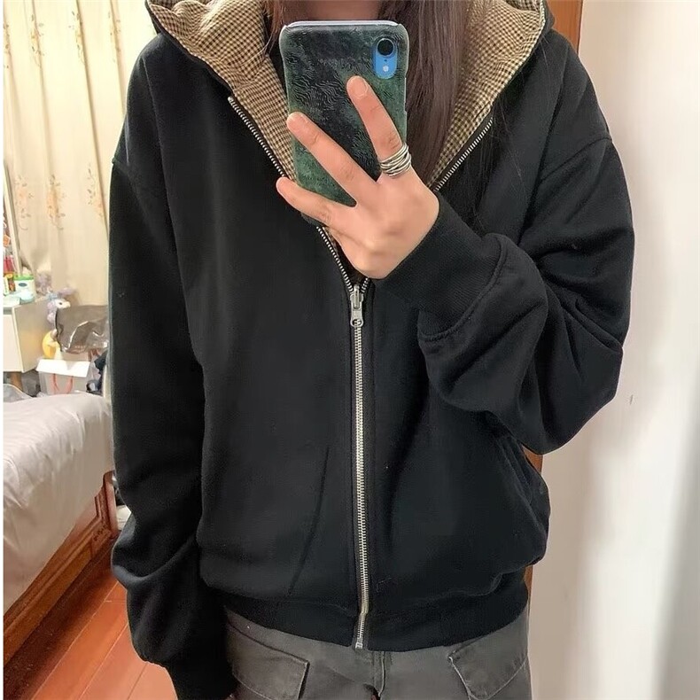 复古美式高街外套男女情侣秋冬款宽松慵懒风千鸟格夹克棒球服上衣,男装夹克,星座506A